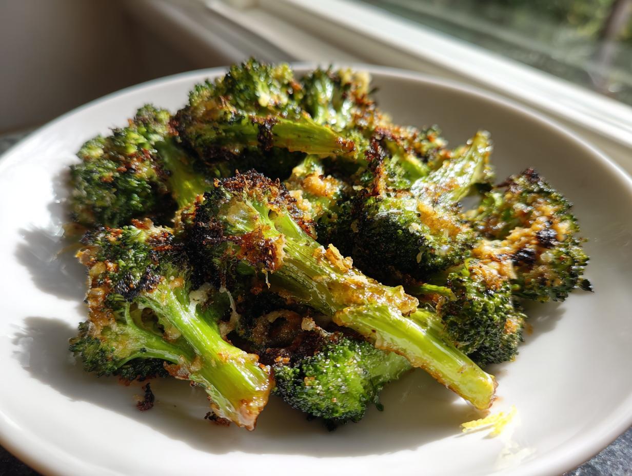 Close-up of perfectly roasted broccoli florets with browned, crispy edges served on a white plate.