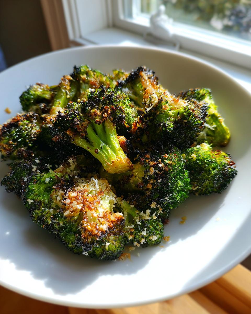 A white bowl filled with perfectly roasted broccoli florets, showing crispy, charred edges and a dusting of Parmesan cheese.