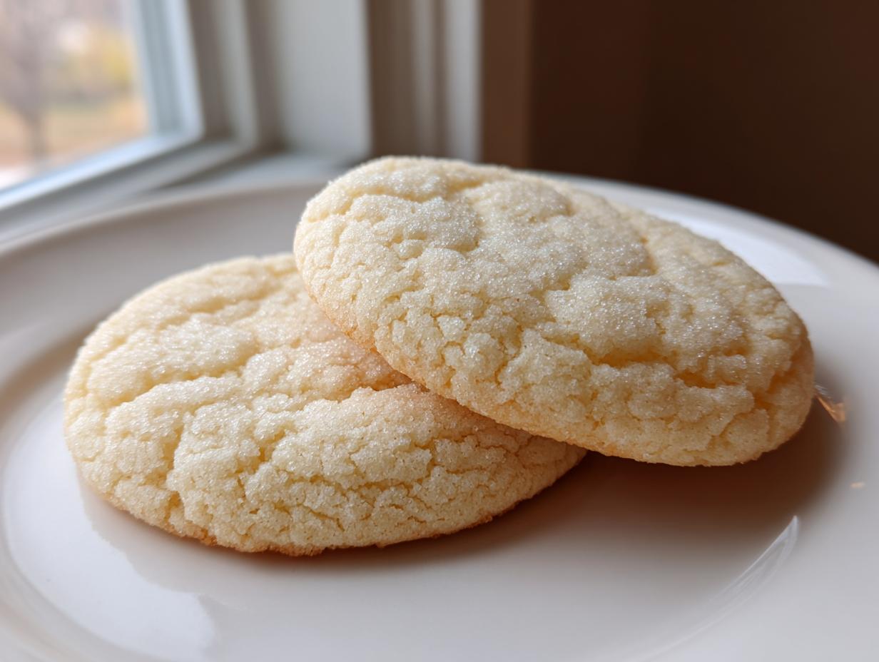 Close-up of two round, pale yellow soft sugar cookies coated in granulated sugar, resting on a white plate near a window.