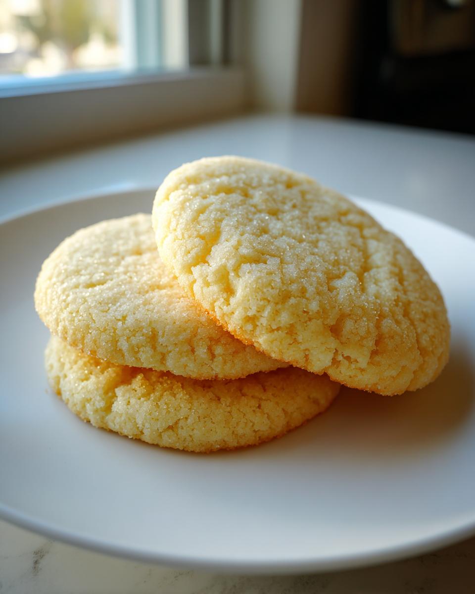 Three golden, slightly puffed soft sugar cookies stacked on a white plate, coated in sparkling sugar.