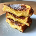 A tall stack of three pieces of golden brown stuffed french toast oozing creamy filling, dusted with powdered sugar.