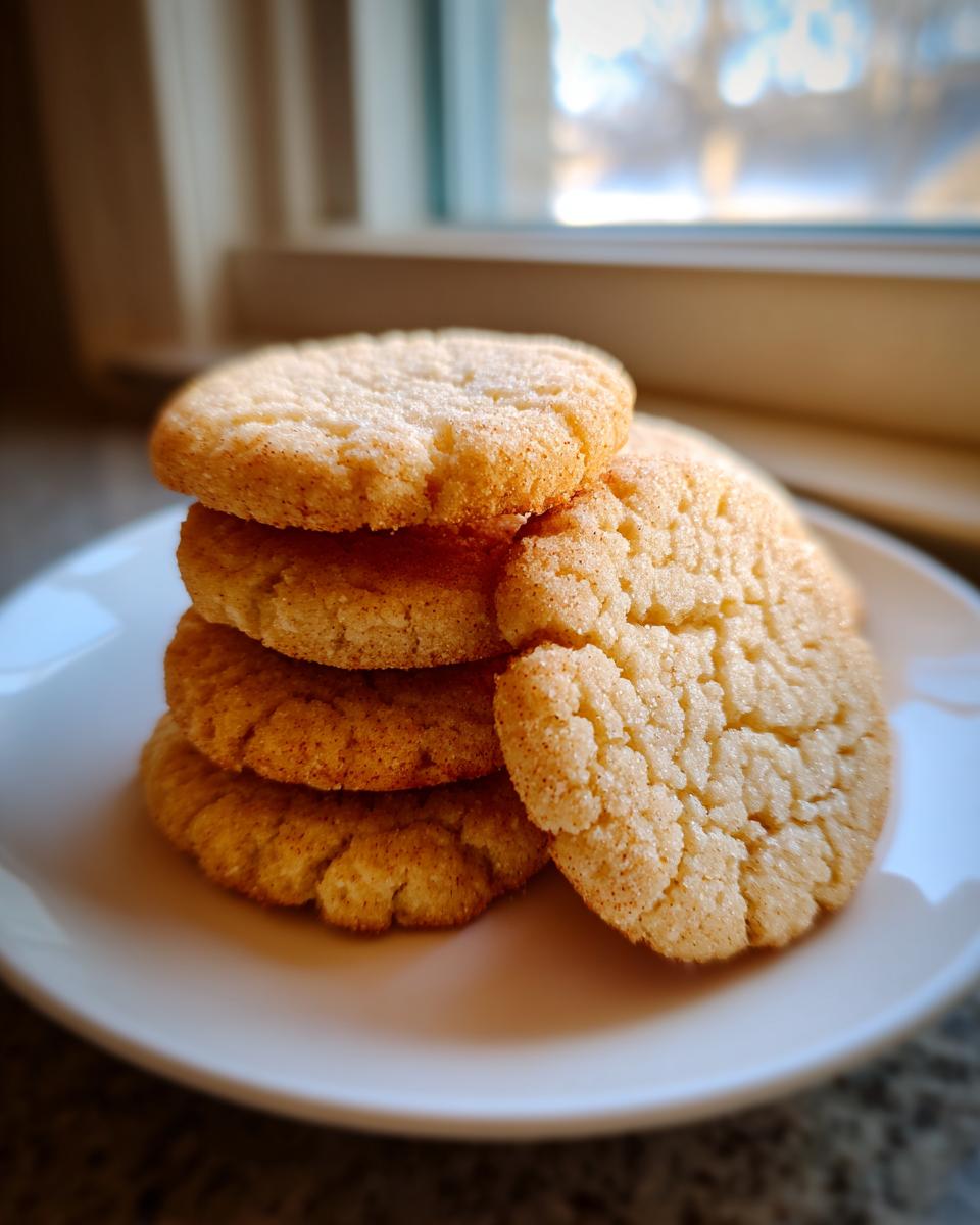 A stack of four golden brown sugar cookies dusted with cinnamon sugar on a white plate.