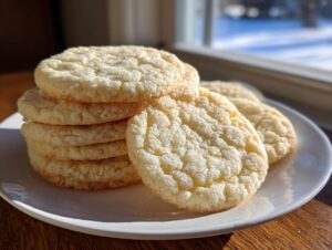 A stack of freshly baked, crinkly top sugar cookies resting on a white plate near a sunny window.