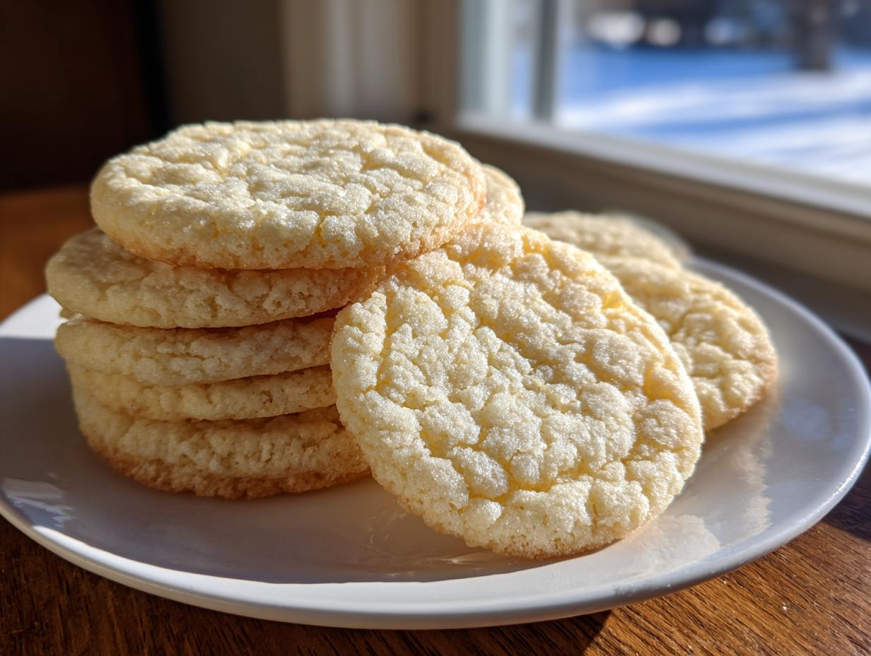 A stack of freshly baked, crinkly top sugar cookies resting on a white plate near a sunny window.