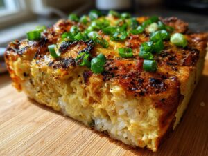 Close-up of a golden-brown slice of amazing sushi bake showing the creamy topping over the rice layer, garnished with fresh green onions.