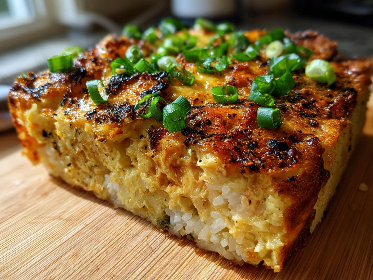 Close-up of a golden-brown slice of amazing sushi bake showing the creamy topping over the rice layer, garnished with fresh green onions.
