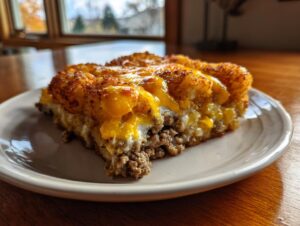 A close-up slice of amazing tater tot casserole featuring a crispy tater tot top layer, melted cheddar cheese, and a savory ground meat base.