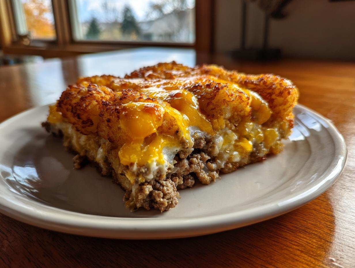 A close-up slice of amazing tater tot casserole featuring a crispy tater tot top layer, melted cheddar cheese, and a savory ground meat base.