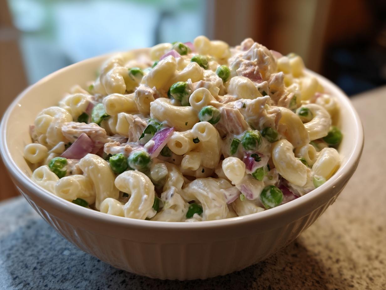A close-up, featured image of creamy Tuna Pasta Salad mixed with elbow macaroni, green peas, and red onion in a white bowl.