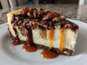 A decadent slice of turtle cheesecake topped with pecans, chocolate drizzle, and dripping caramel sauce.