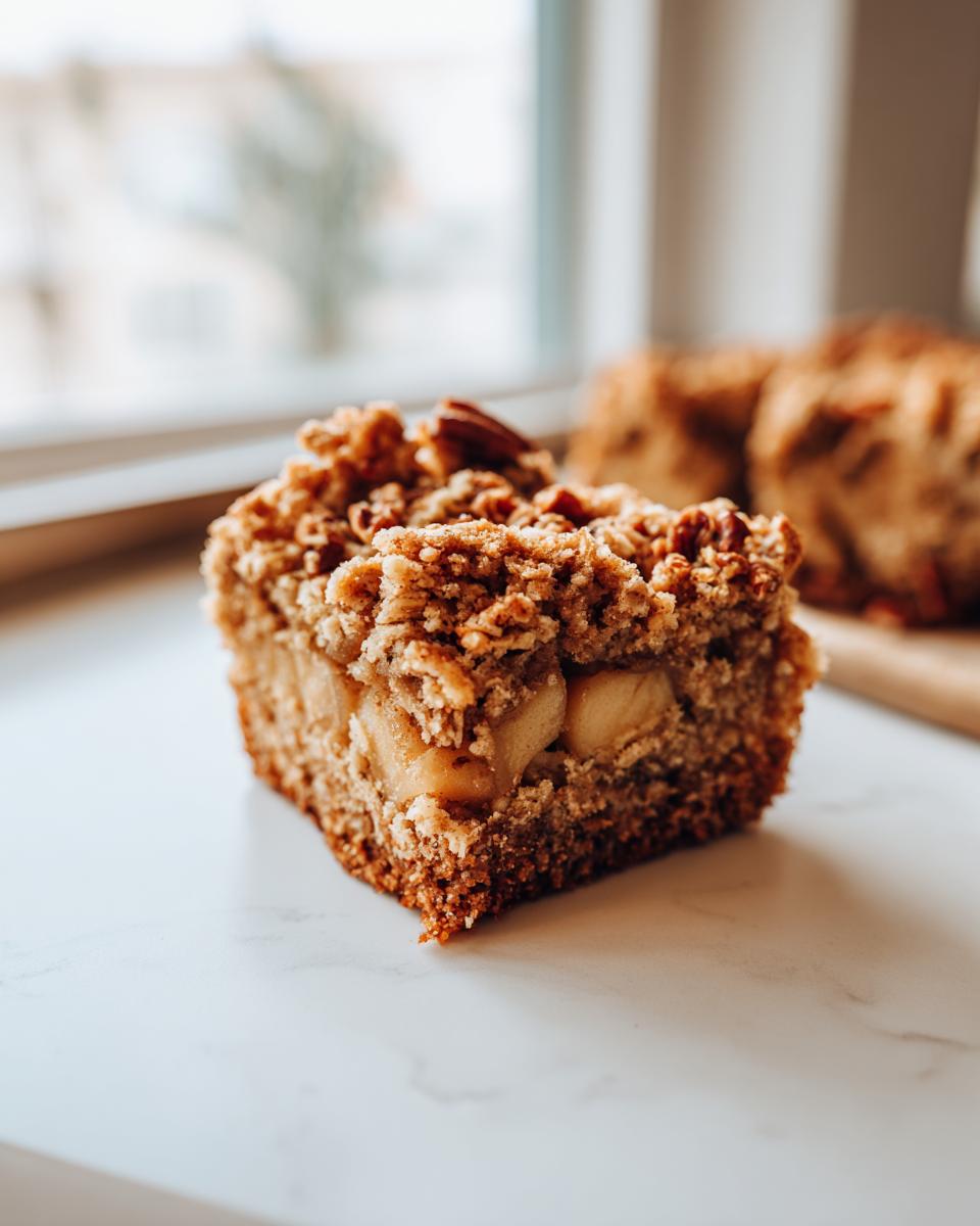 Close-up of a square slice of apple baked oatmeal with a thick, crunchy pecan crumble topping.