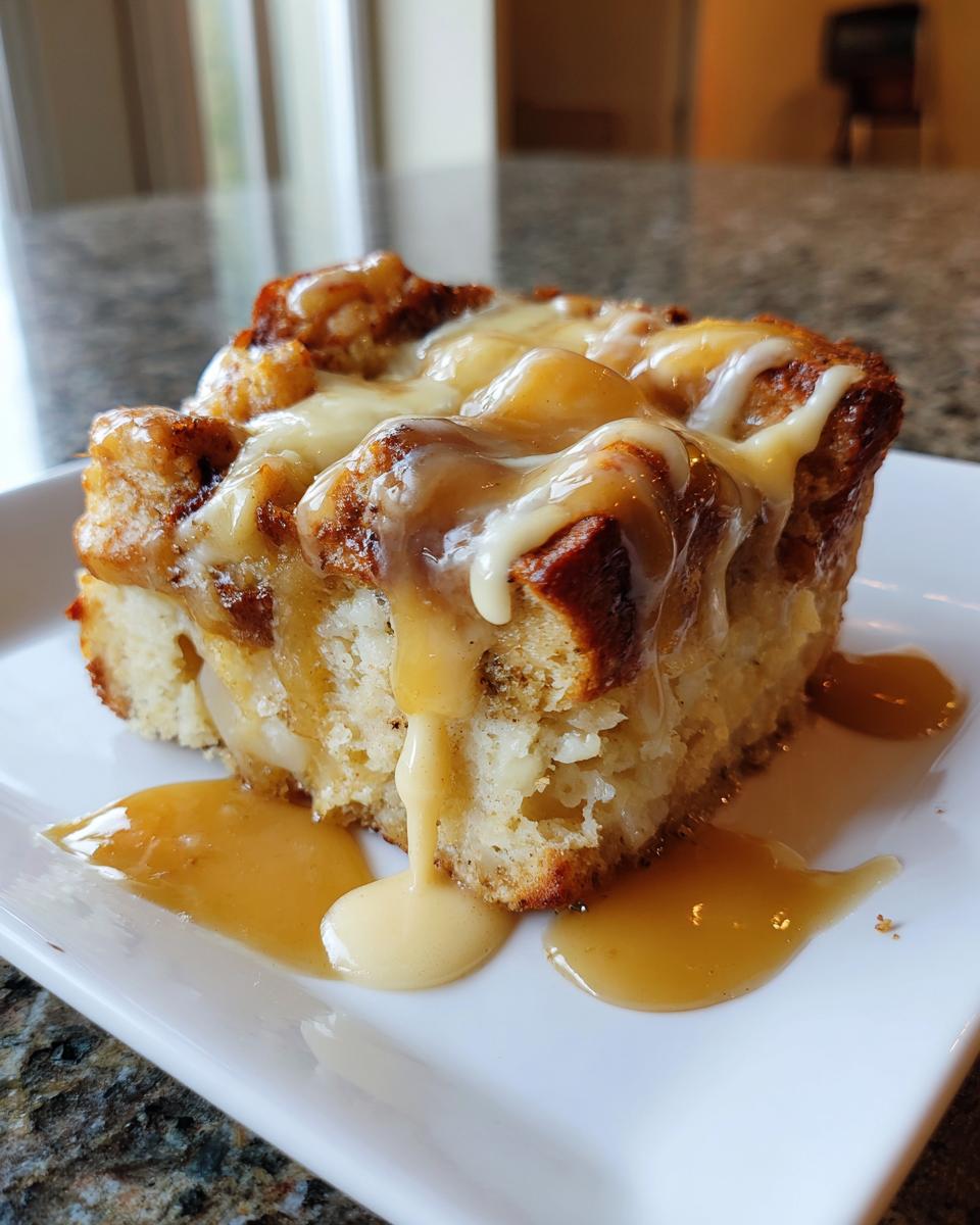 A square serving of moist apple bread pudding topped with dripping caramel and vanilla glaze.