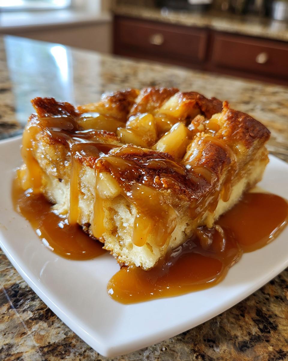 A close-up of a square slice of apple bread pudding generously topped with thick caramel sauce.