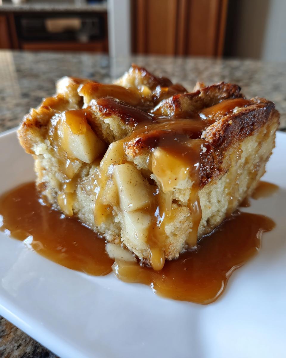 A close-up of a square slice of apple bread pudding generously drizzled with thick caramel sauce.