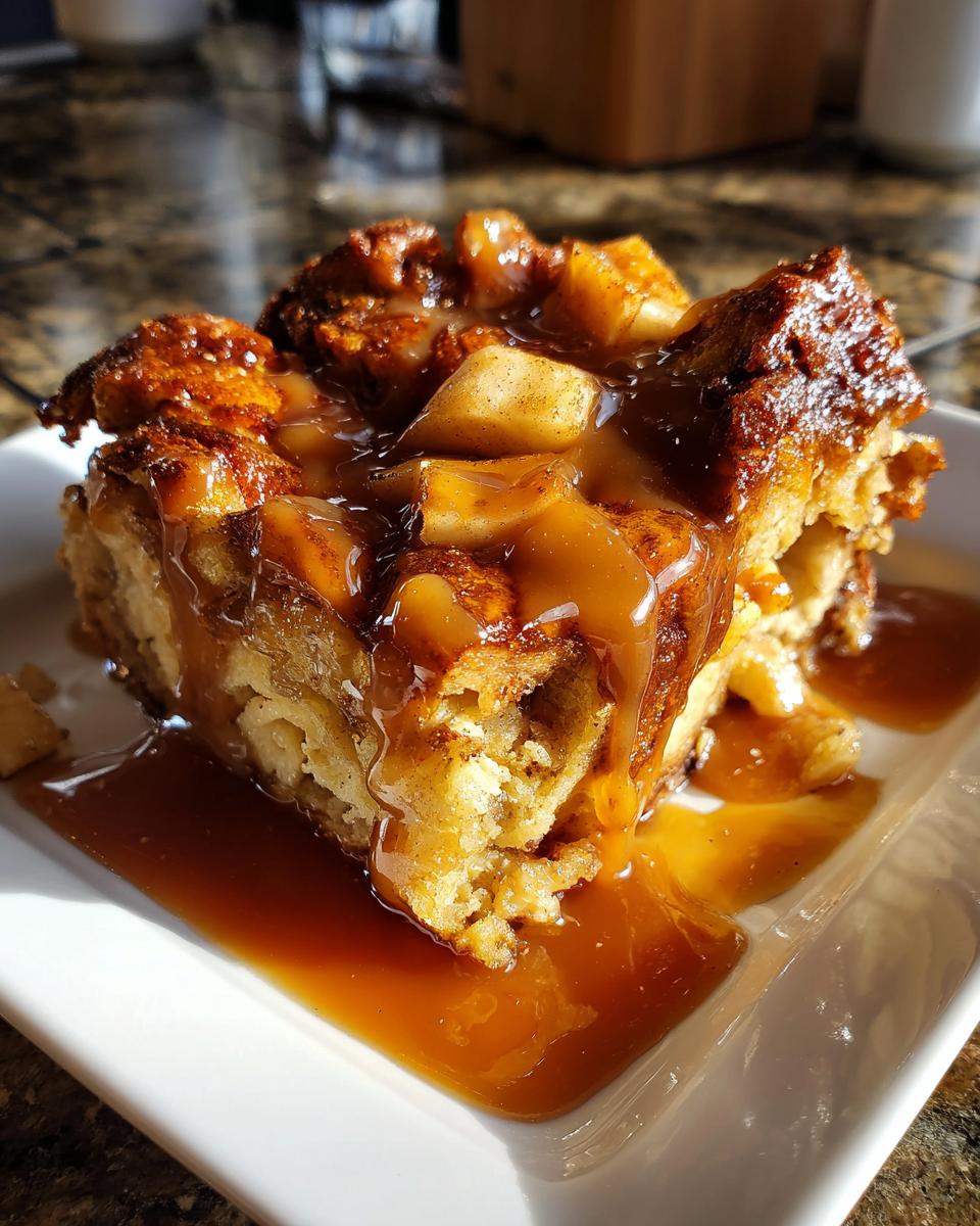 A close-up of a rich slice of apple bread pudding generously topped with warm caramel sauce and diced apples.