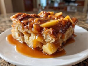 A close-up of a moist slice of apple bread pudding generously topped with warm caramel sauce and visible apple chunks.