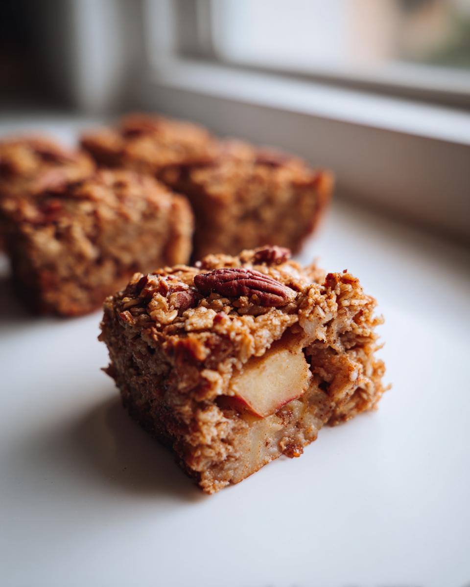 A close-up of a square slice of apple pecan baked oatmeal showing texture and a piece of apple inside.