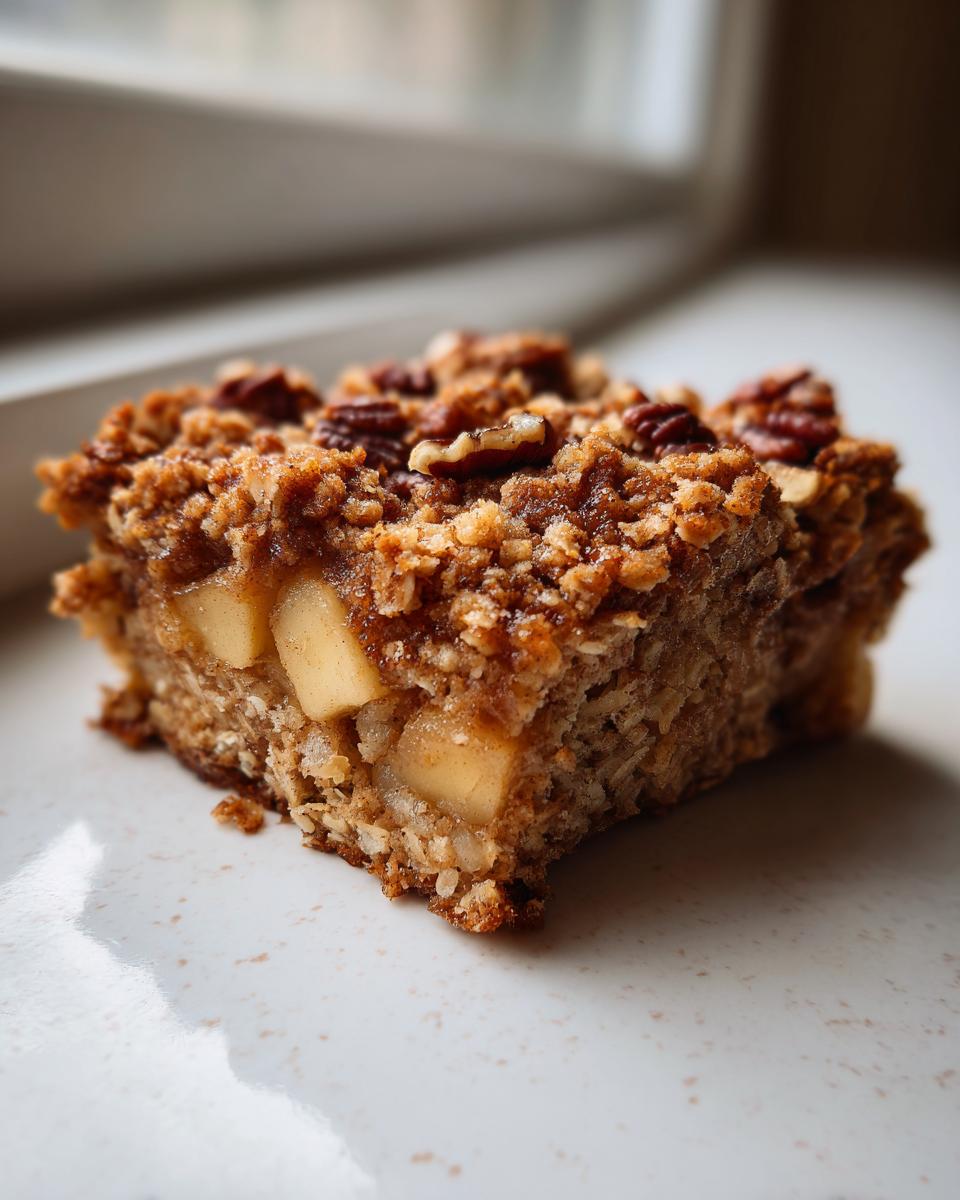 A close-up, macro shot of a square of baked oatmeal with visible apple chunks and a pecan crumble topping.