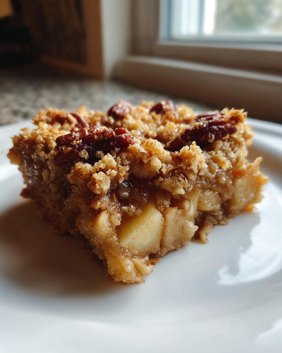 A square serving of apple pecan baked oatmeal with a crumbly topping, resting on a white plate.