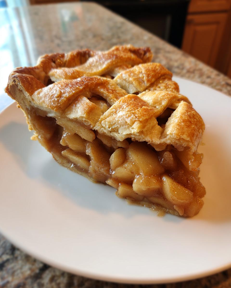 A close-up of a slice of homemade apple pie featuring a golden lattice crust and rich, spiced apple filling.