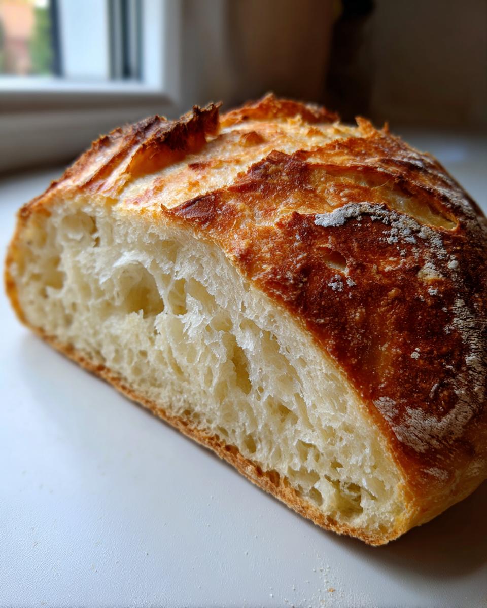Close-up of a freshly baked artisan bread loaf cut in half, showing a golden crust and an open, airy crumb structure.