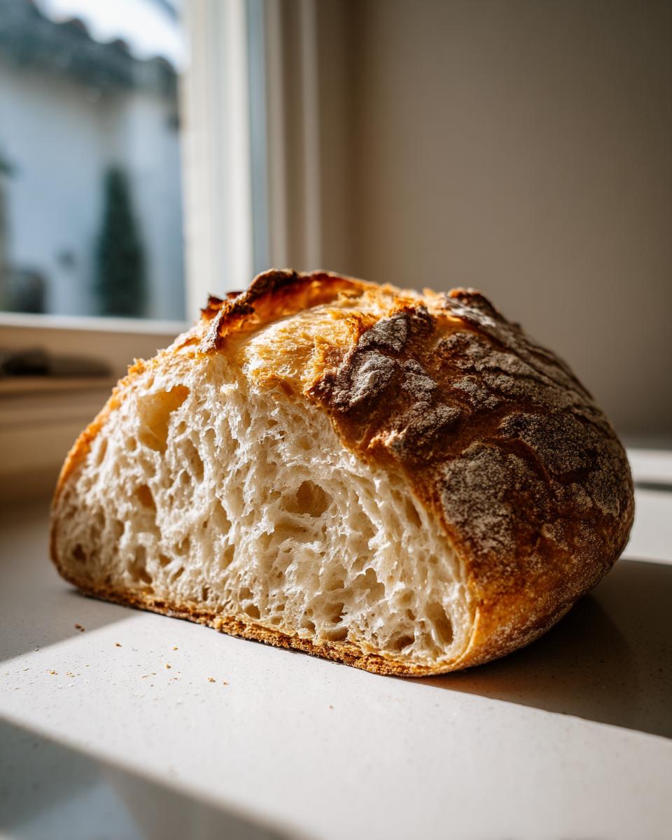 Close-up of a freshly baked artisan bread loaf cut in half, showing an open, airy crumb structure.