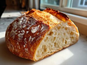 Cross-section of a freshly baked artisan bread loaf showing a beautiful open crumb structure and dark, flour-dusted crust.