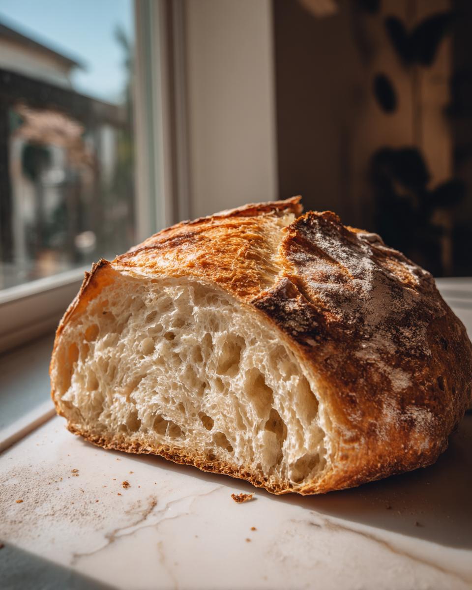 Close-up of a freshly baked artisan bread loaf, cut open to show the open, airy crumb structure.