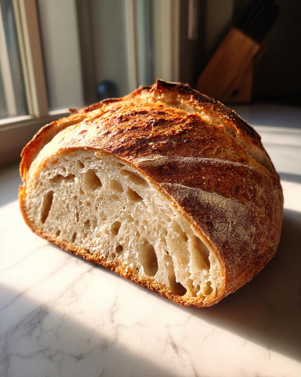 A close-up view of a freshly baked artisan bread loaf cut in half, showing a beautiful open crumb structure and dark, crispy crust.