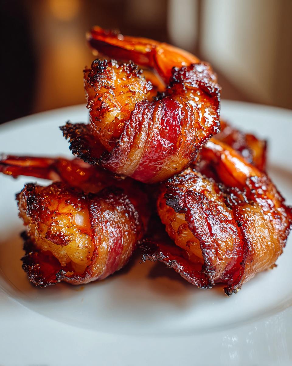 Close-up of several perfectly cooked, caramelized bacon wrapped shrimp stacked on a white plate.