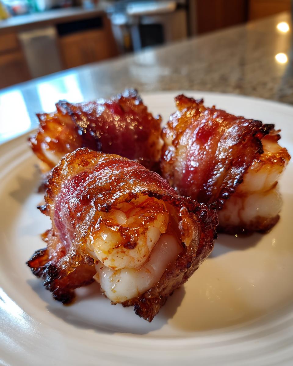 Three pieces of perfectly cooked bacon wrapped shrimp, showing crispy bacon and plump shrimp inside, served on a white plate.