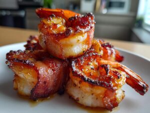 Close-up of four perfectly cooked bacon wrapped shrimp with caramelized, crispy bacon on a white plate.