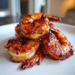 Close-up of a stack of perfectly cooked, glazed bacon wrapped shrimp on a white plate.