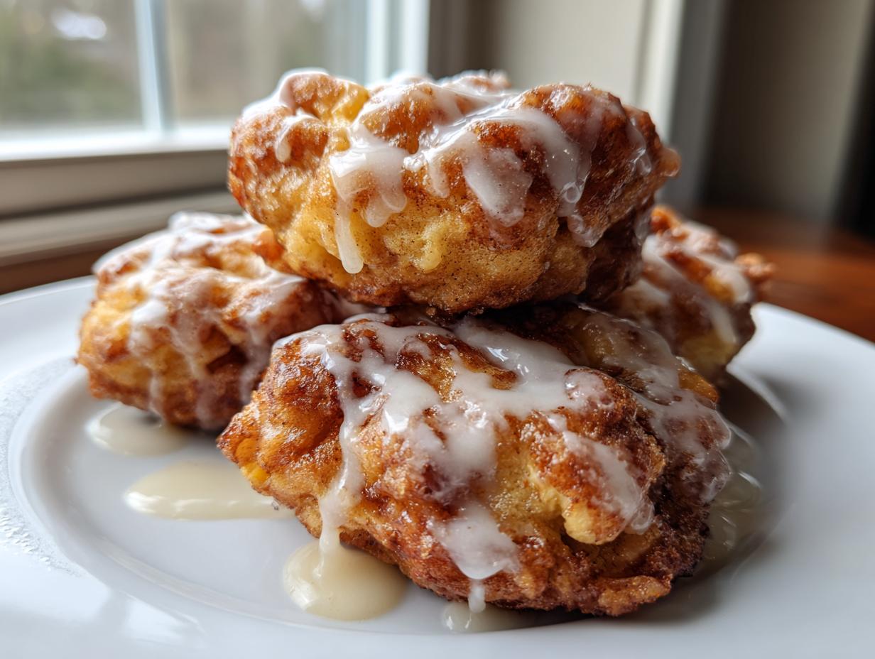 A stack of golden brown baked apple fritters generously drizzled with white vanilla glaze, sitting on a white plate.