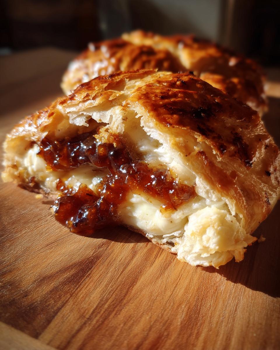 A cross-section of baked brie wrapped in flaky pastry, oozing melted cheese and dark fruit jam.