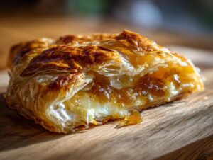 Close-up of a piece of baked brie wrapped in flaky, golden puff pastry, showing melted cheese and jam filling.