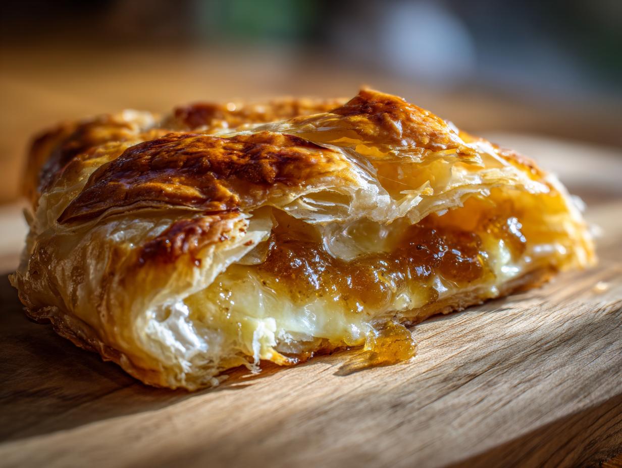 Close-up of a piece of baked brie wrapped in flaky, golden puff pastry, showing melted cheese and jam filling.