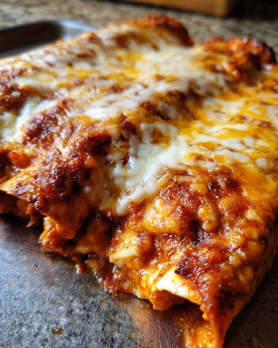 Close-up, macro shot of baked cheese enchiladas smothered in red sauce and melted white and yellow cheese.