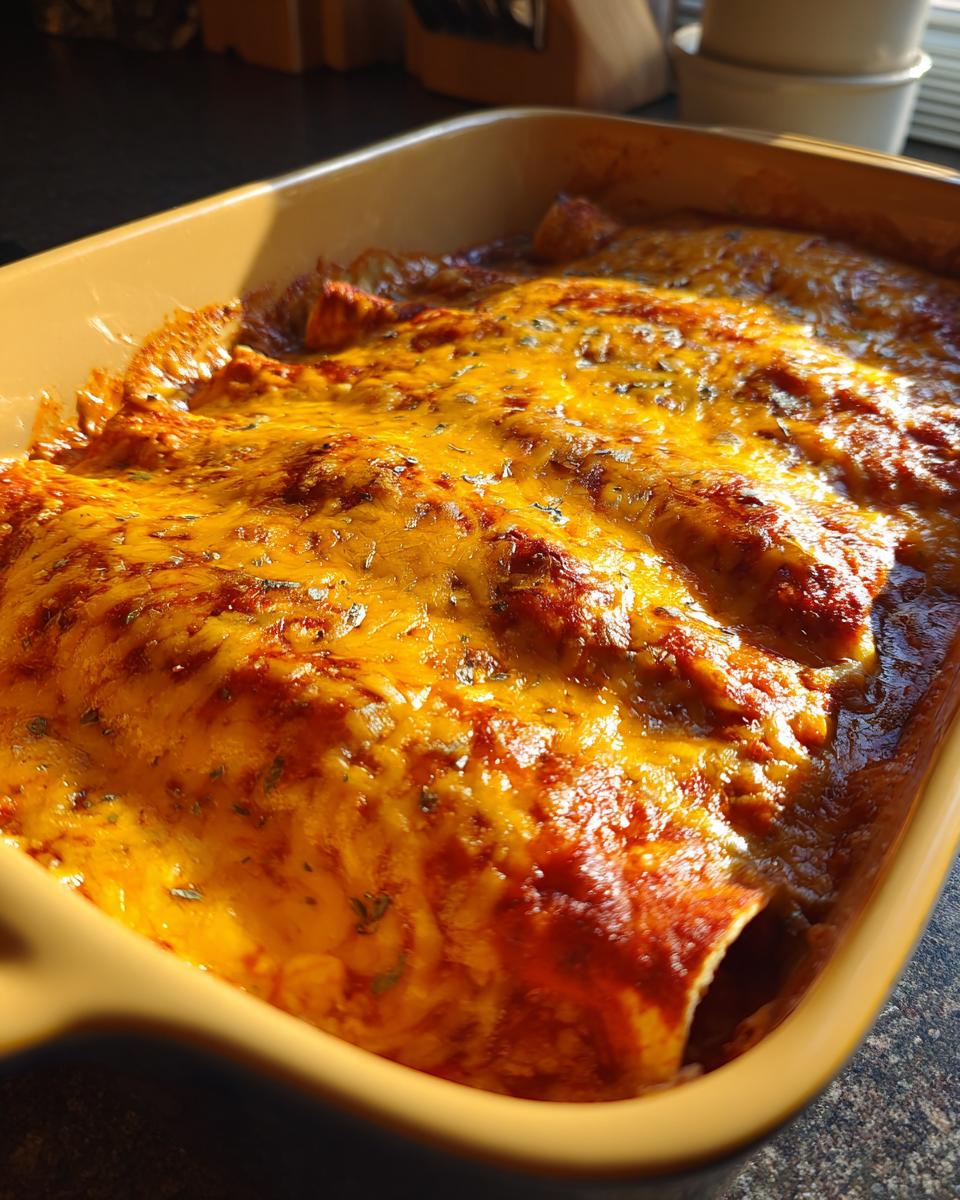 Close-up of baked cheese enchiladas covered in melted, bubbly orange cheddar cheese sauce.