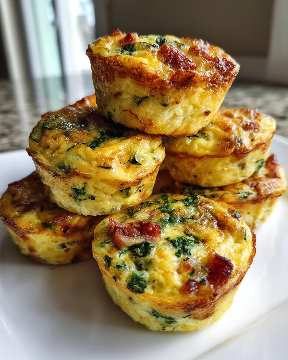 A stack of golden-brown baked egg bites featuring visible spinach and bacon pieces, perfect for a quick egg breakfast.