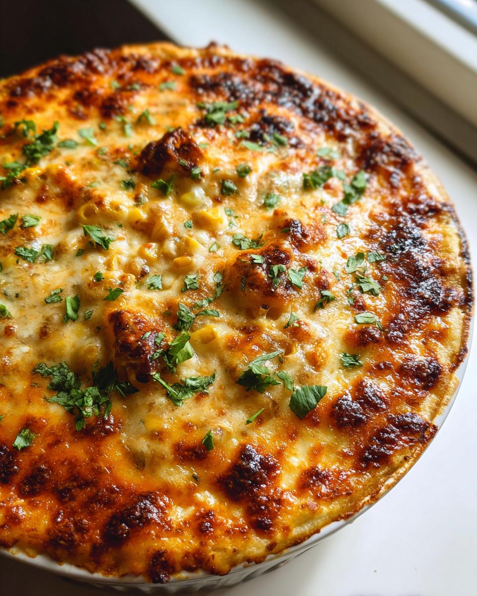 Close-up of a baked street corn dip in a round dish, featuring a bubbly, golden-brown cheese crust and fresh parsley garnish.