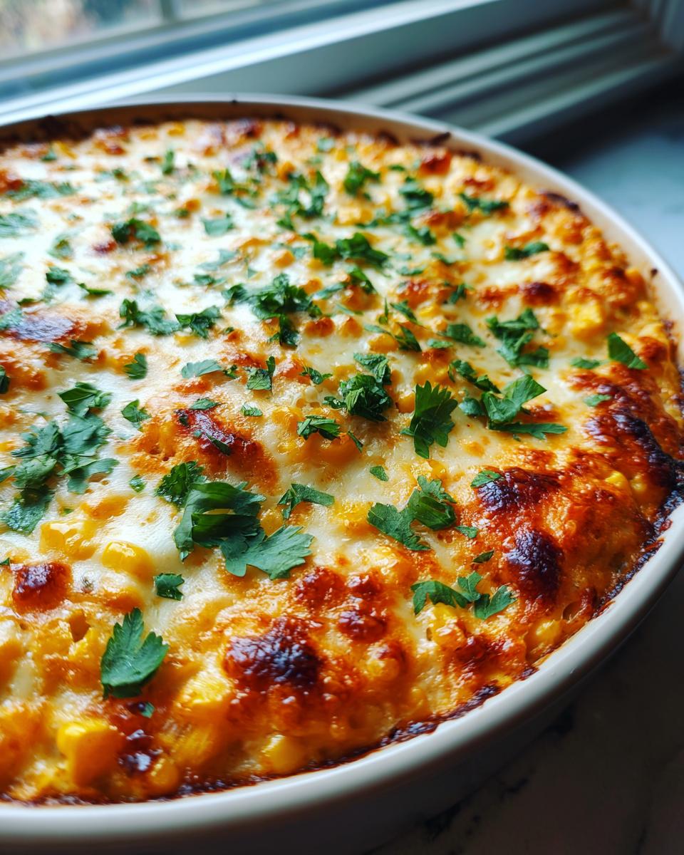 Close-up of a freshly baked street corn dip in a white dish, topped with bubbly, browned cheese and fresh cilantro.