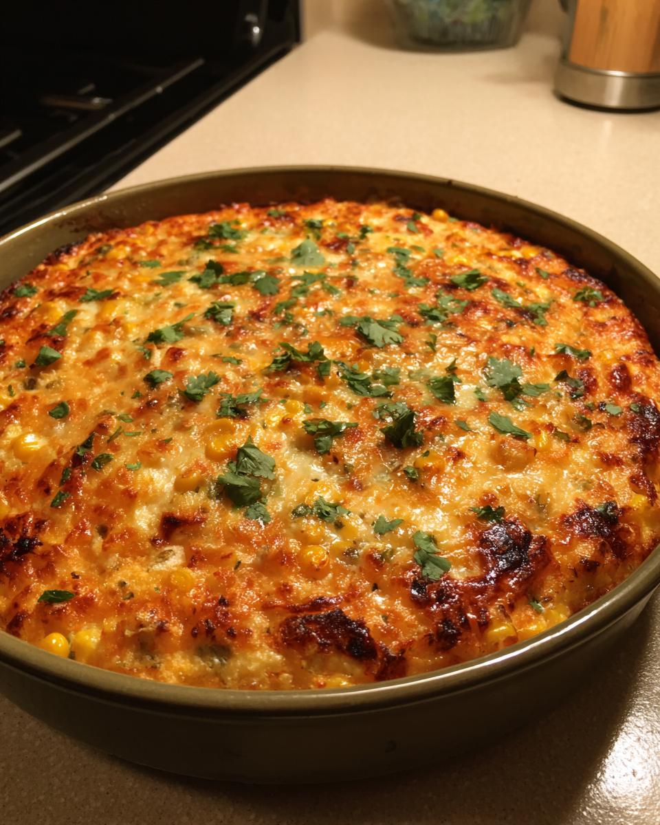 Close-up of a freshly baked, cheesy street corn dip topped with fresh cilantro in a round baking dish.