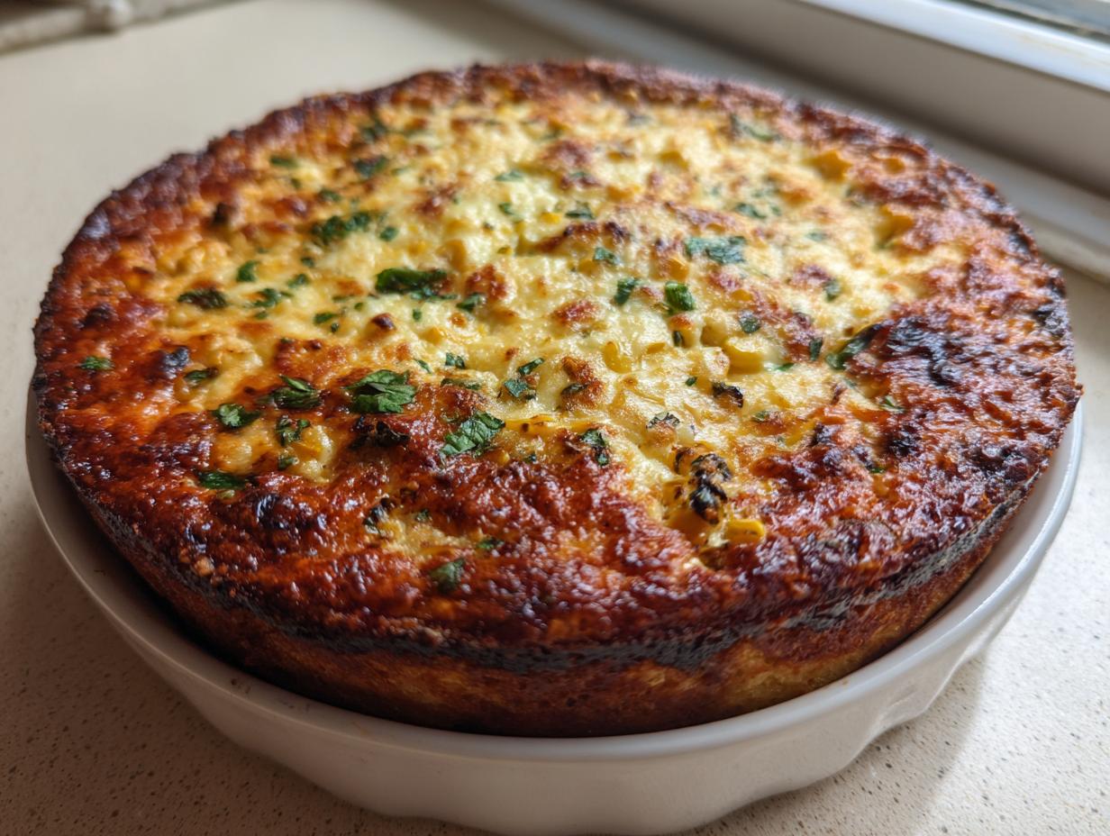 A round, baked street corn dip with a golden-brown, slightly charred crust, topped with melted cheese and fresh parsley.