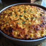 A close-up of a freshly baked, golden-brown street corn dip topped with chopped parsley in a round baking dish.