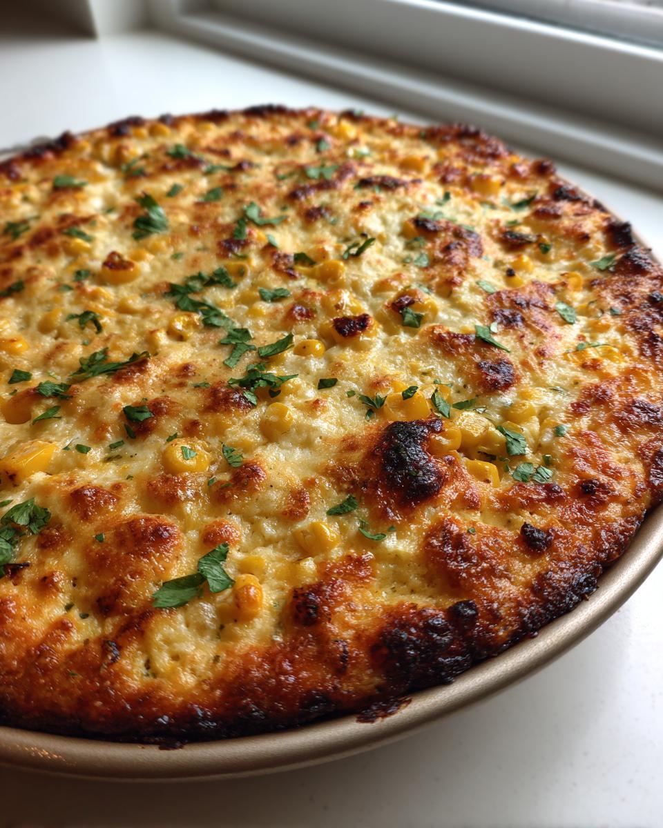 Close-up of a baked street corn dip with a golden, bubbly, and slightly charred cheese topping garnished with parsley.
