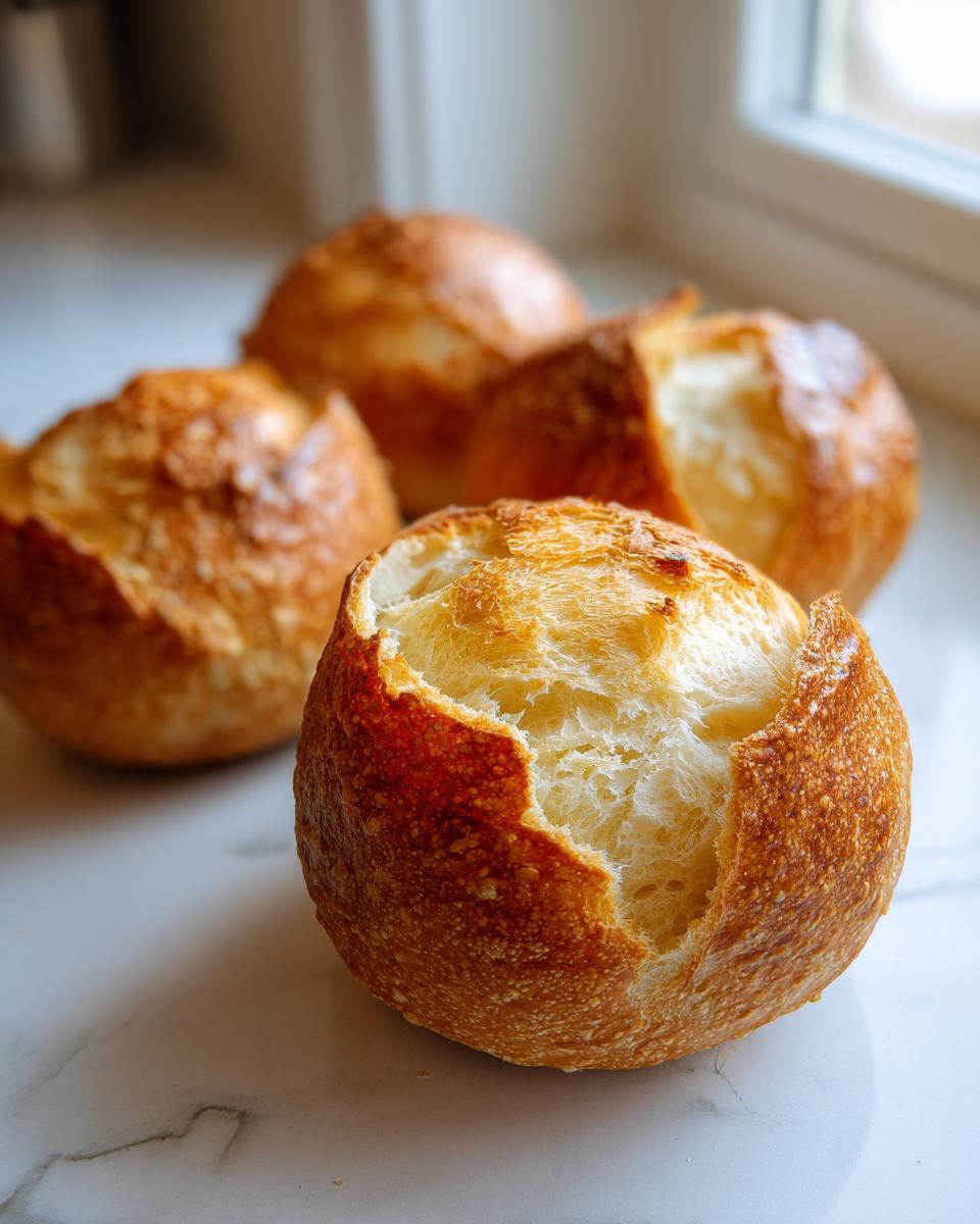 Close-up of four freshly baked bread bowls with golden crusts, showing the soft interior of the front-most bread bowls.