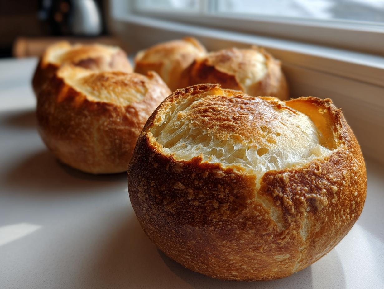Close-up of four golden-brown, bakery-style bread bowls with their tops scored open, sitting on a white surface near a window.