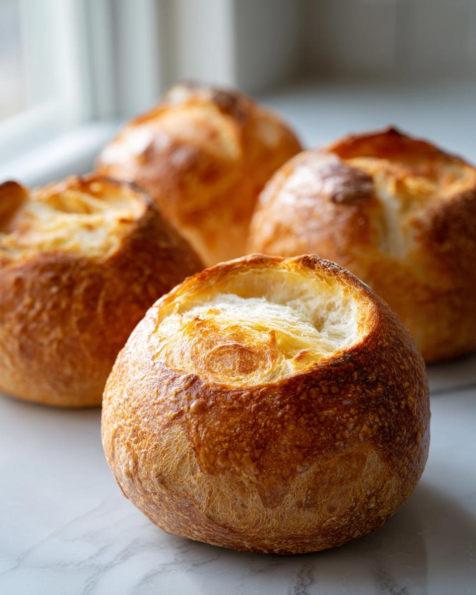 Four freshly baked, golden-brown bread bowls with tops removed, sitting on a white marble surface.