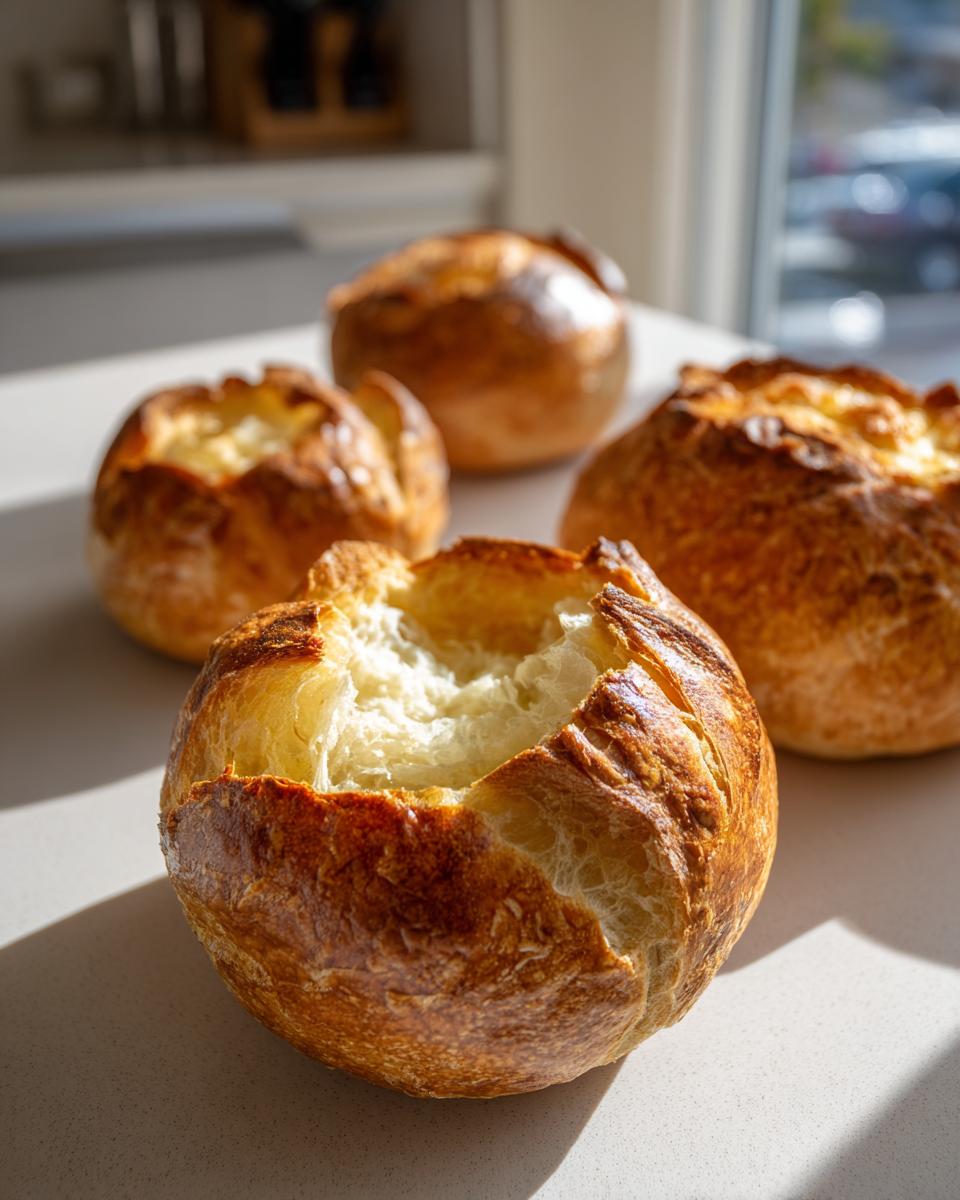 Four golden-brown, freshly baked bread bowls sitting on a countertop, one with the top cut open.